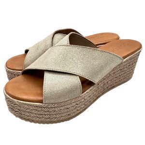 Cordani Braylin Criss Cross Platform Sandal Metaillic Beige Suede Wedge Sz EU40